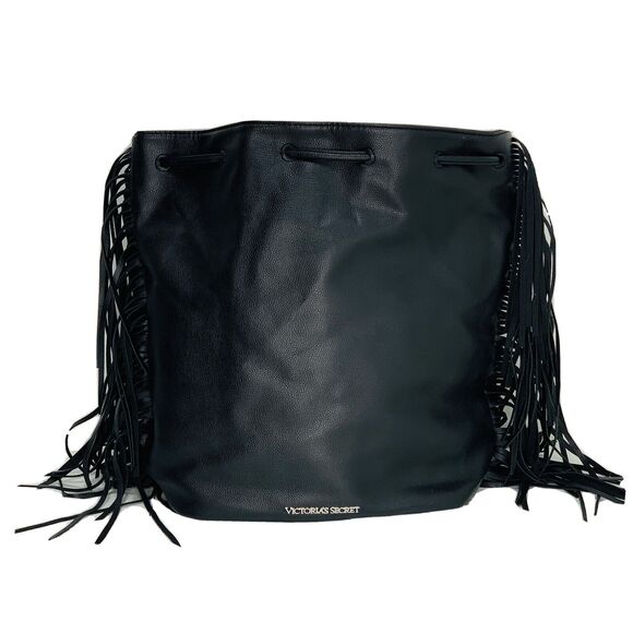 Victoria Secret Black Faux Leather Backpack Bag Fringe Large Boho Festival - Picture 1 of 5